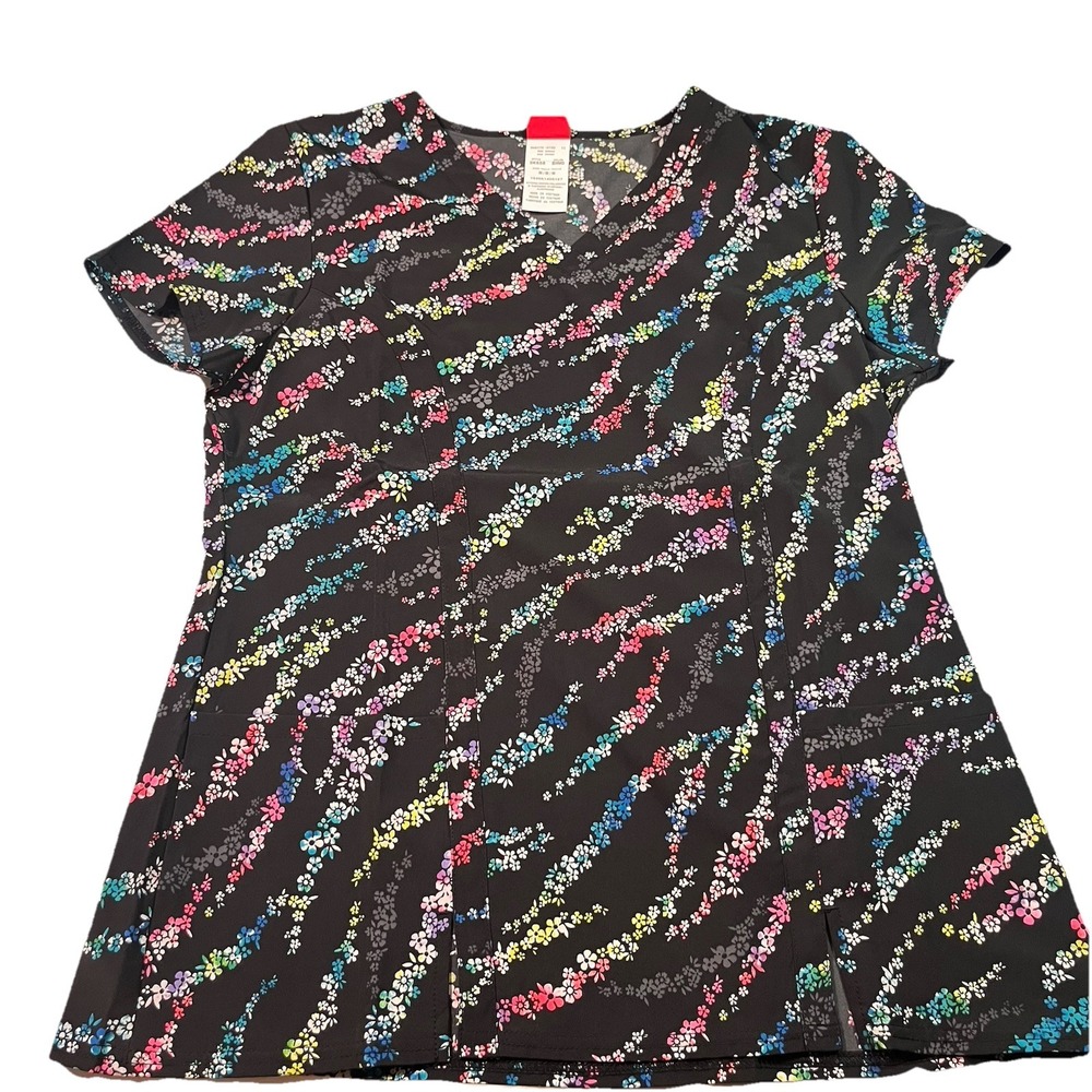 NWT Dickies Women's Scrub Top Size M Black Floral Design V‎ Neck DK656